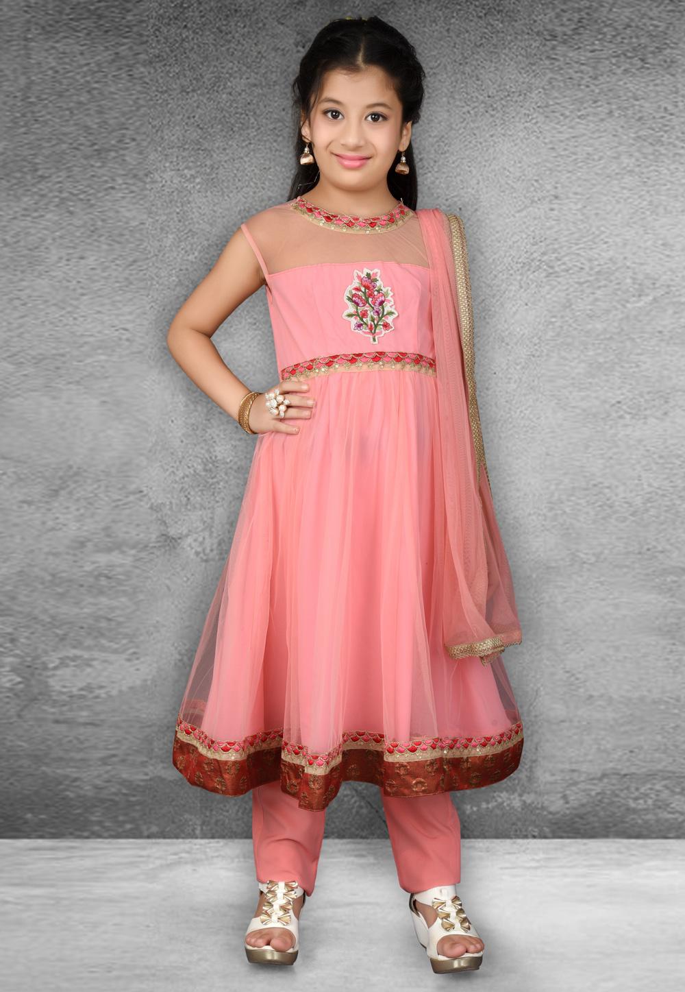 Pink Net Kids Pant Style Suit 217130