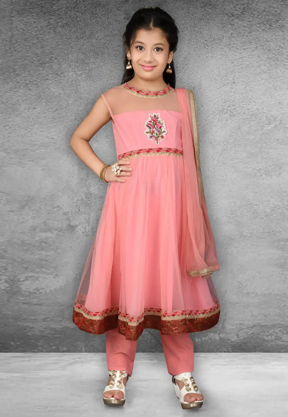 Pink Net Kids Pant Style Suit 217130