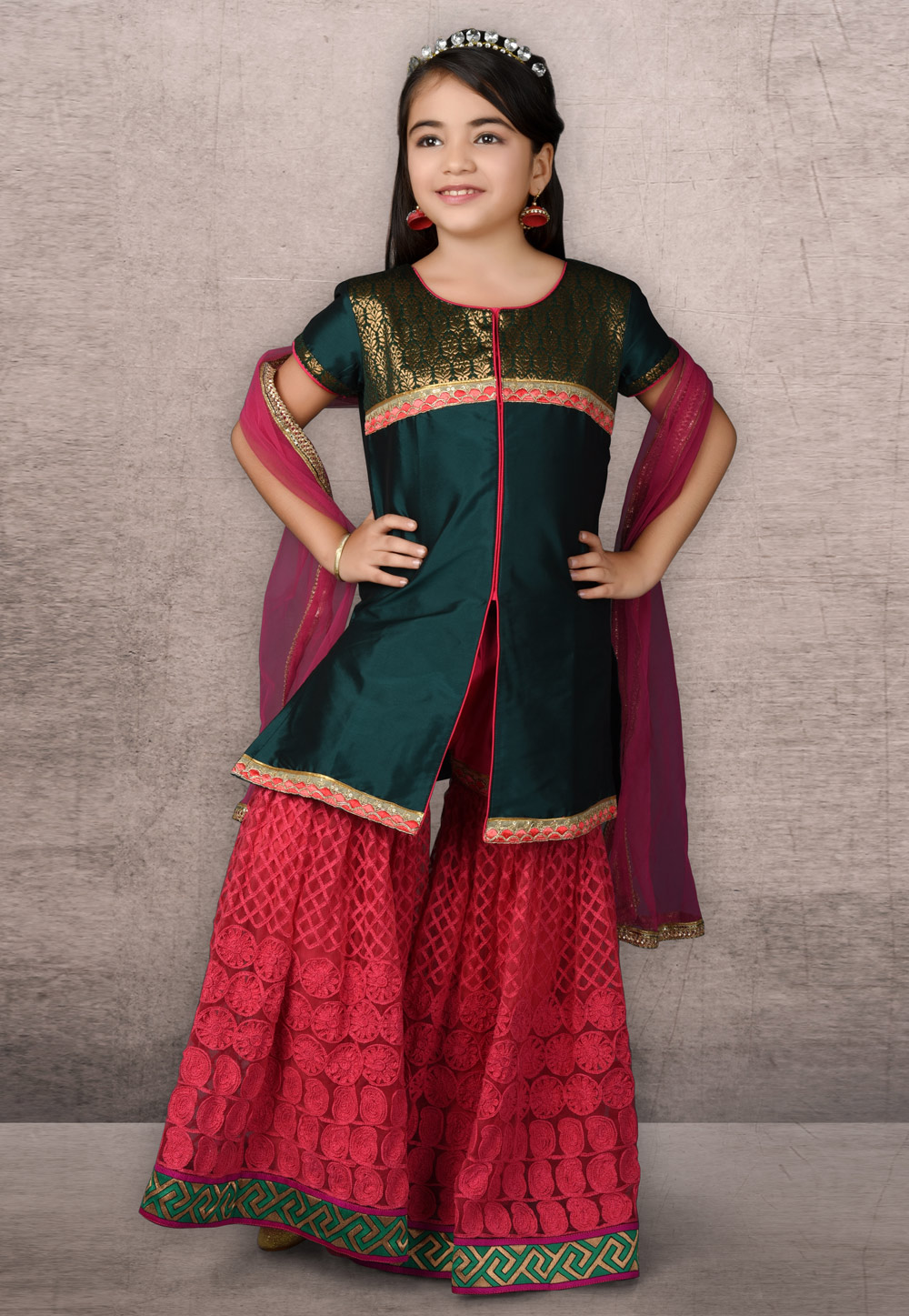 Teal Taffeta Kids Sharara Suit 217131