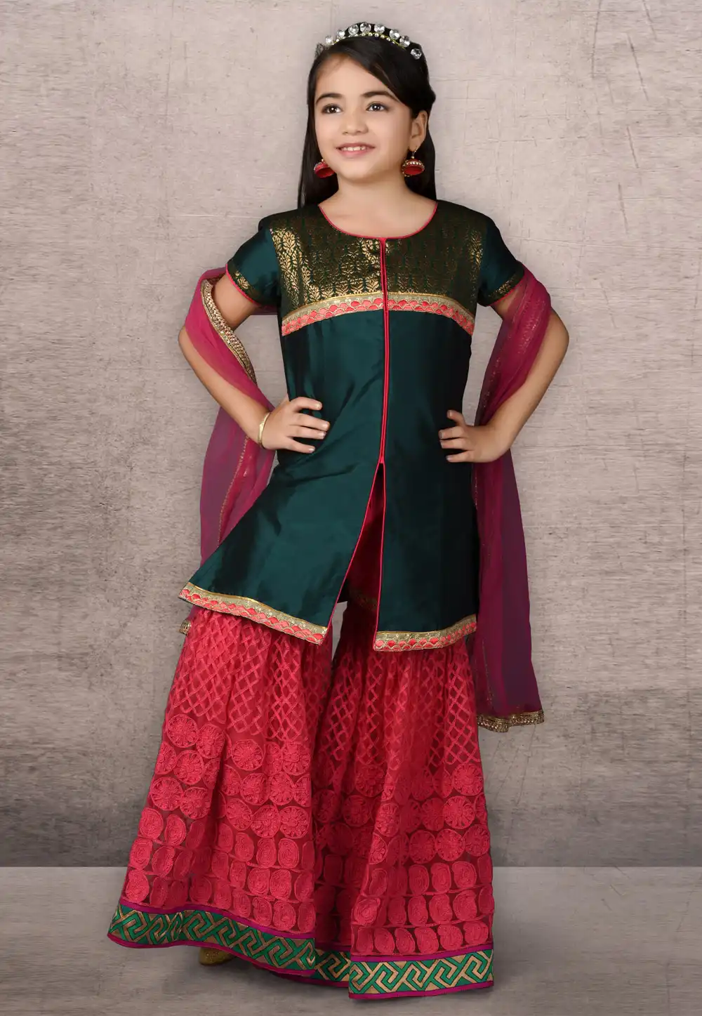 Teal Taffeta Kids Sharara Suit 217131