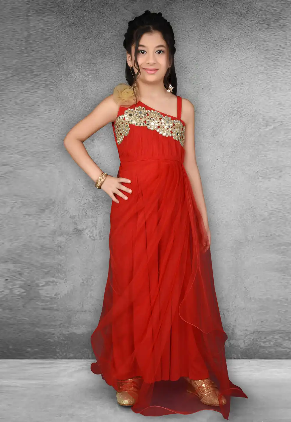 Red Net Kids Party Wear Gown 217133