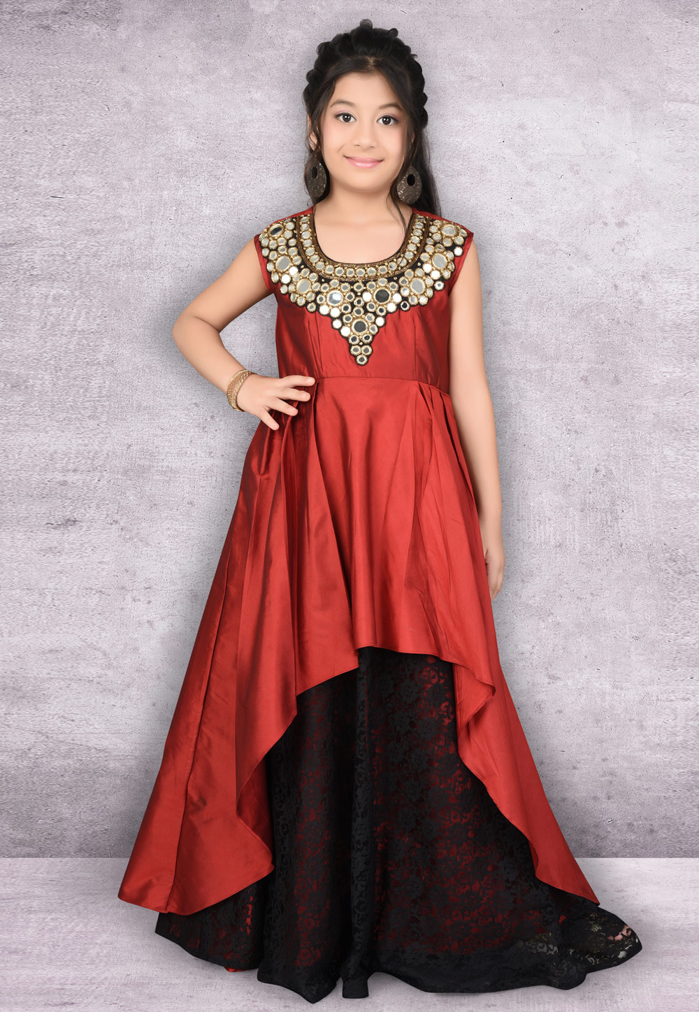 Maroon Taffeta Kids Party Wear Gown 217134