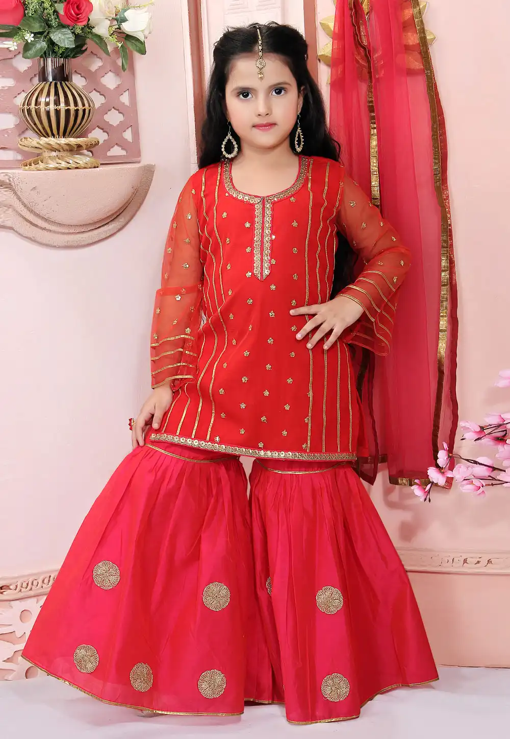 Red Net Kids Sharara Suit 217140