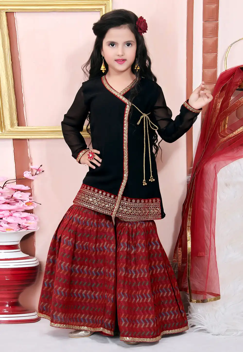 Black Faux Georgette Kids Sharara Suit 217141