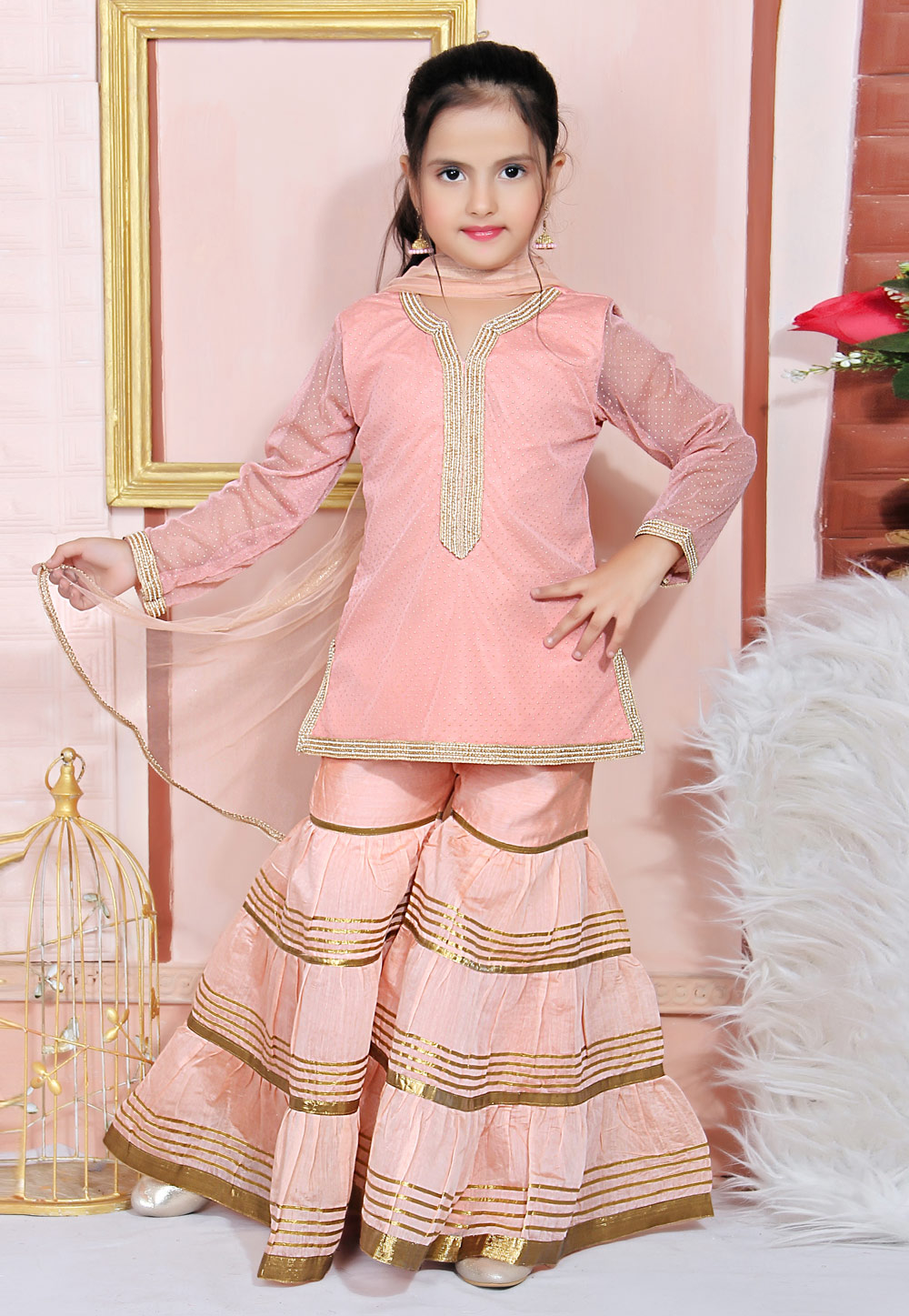 Pink Net Kids Sharara Suit 217142