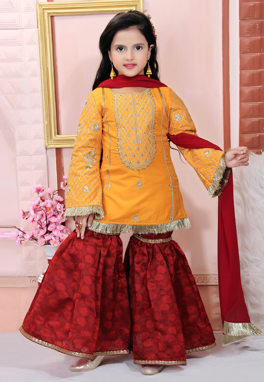 Yellow Cotton Silk Kids Sharara Suit 217144