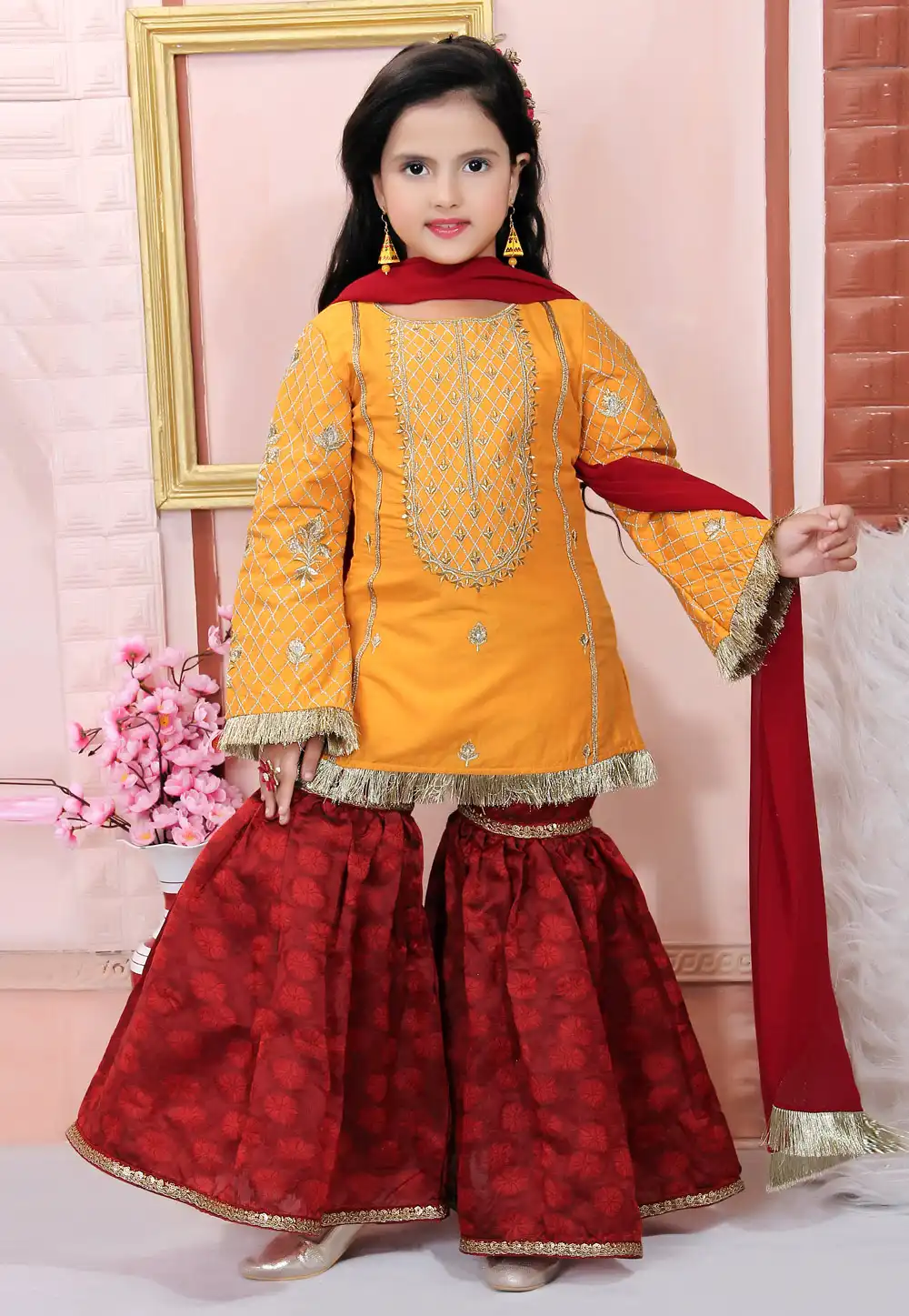 Yellow Cotton Silk Kids Sharara Suit 217144