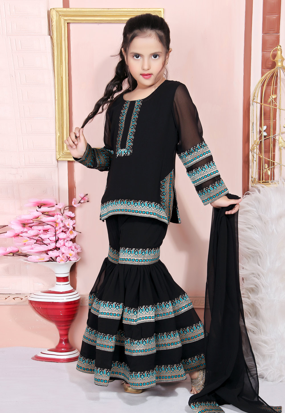 Black Faux Georgette Kids Sharara Suit 217146