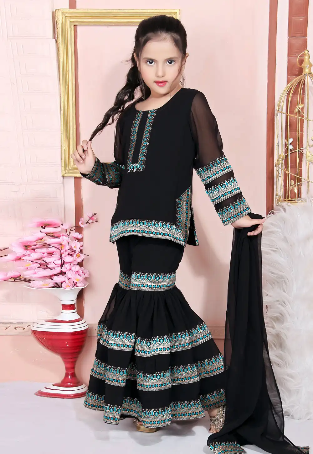 Black Faux Georgette Kids Sharara Suit 217146