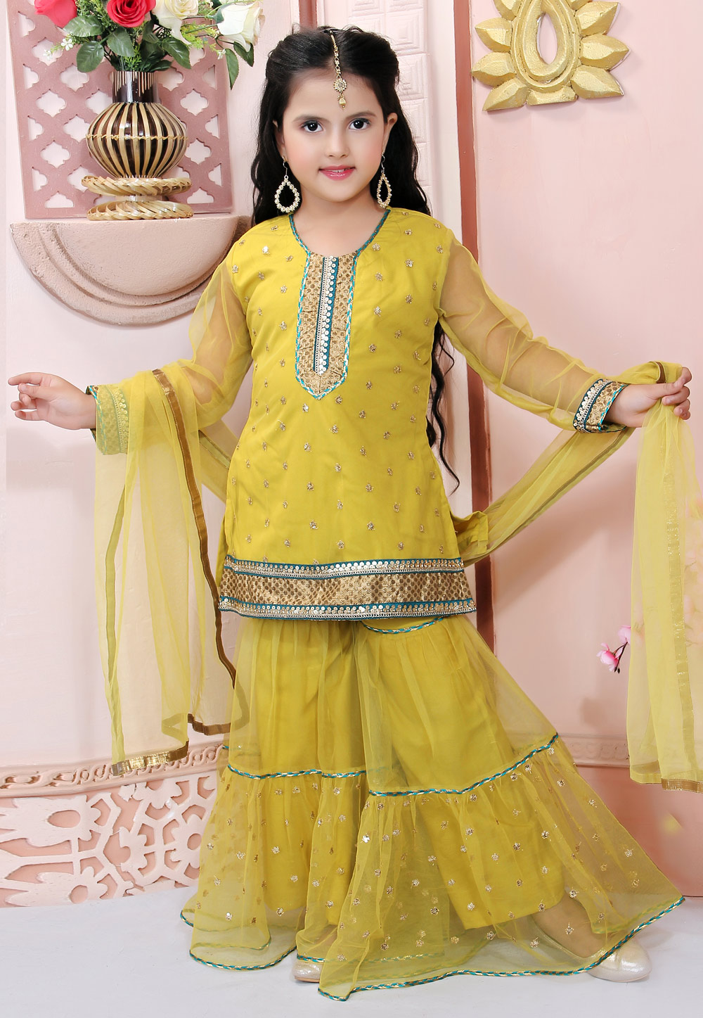 Yellow Net Kids Sharara Suit 217147