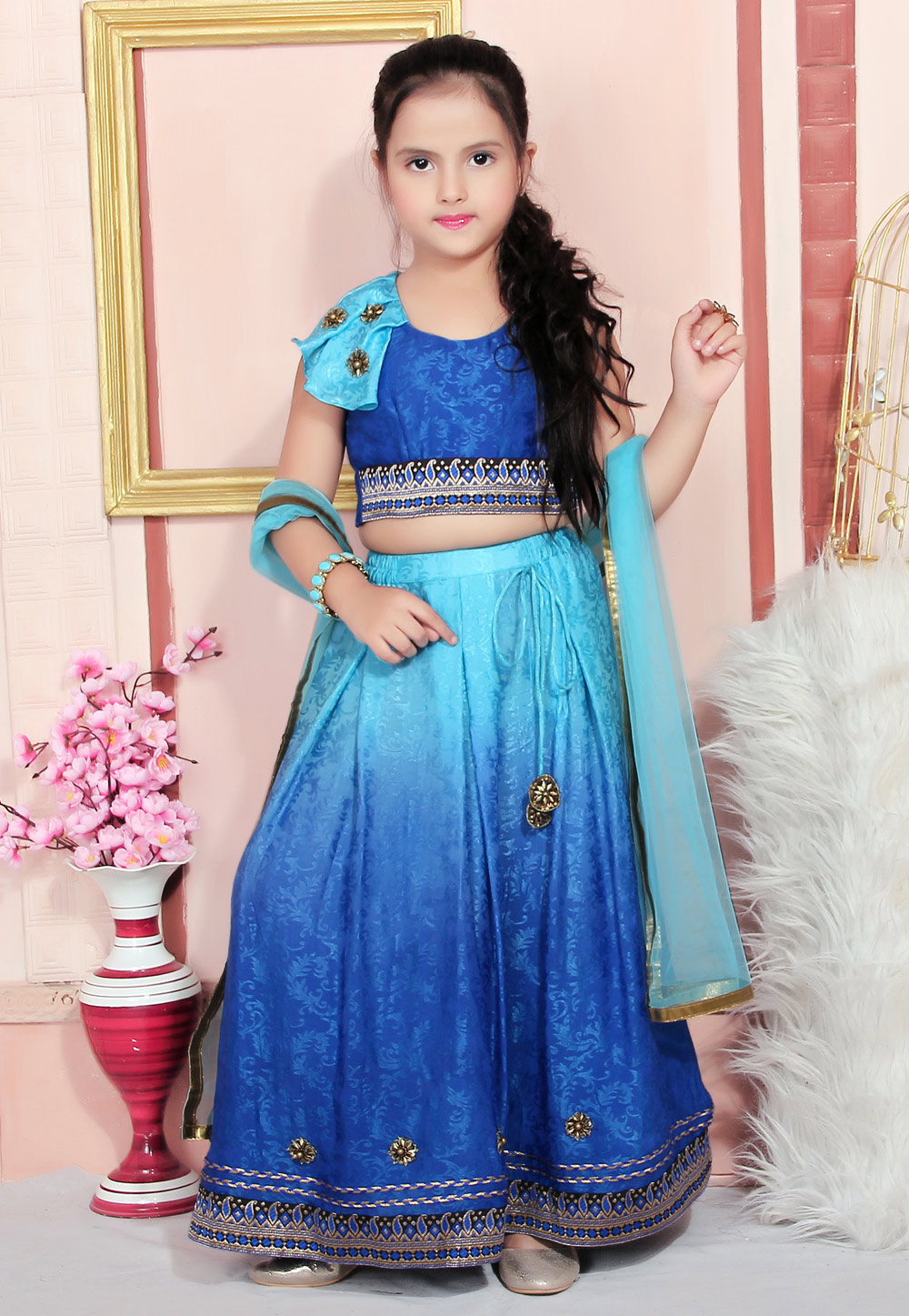 Blue Crepe Kids Lehenga Choli 217148