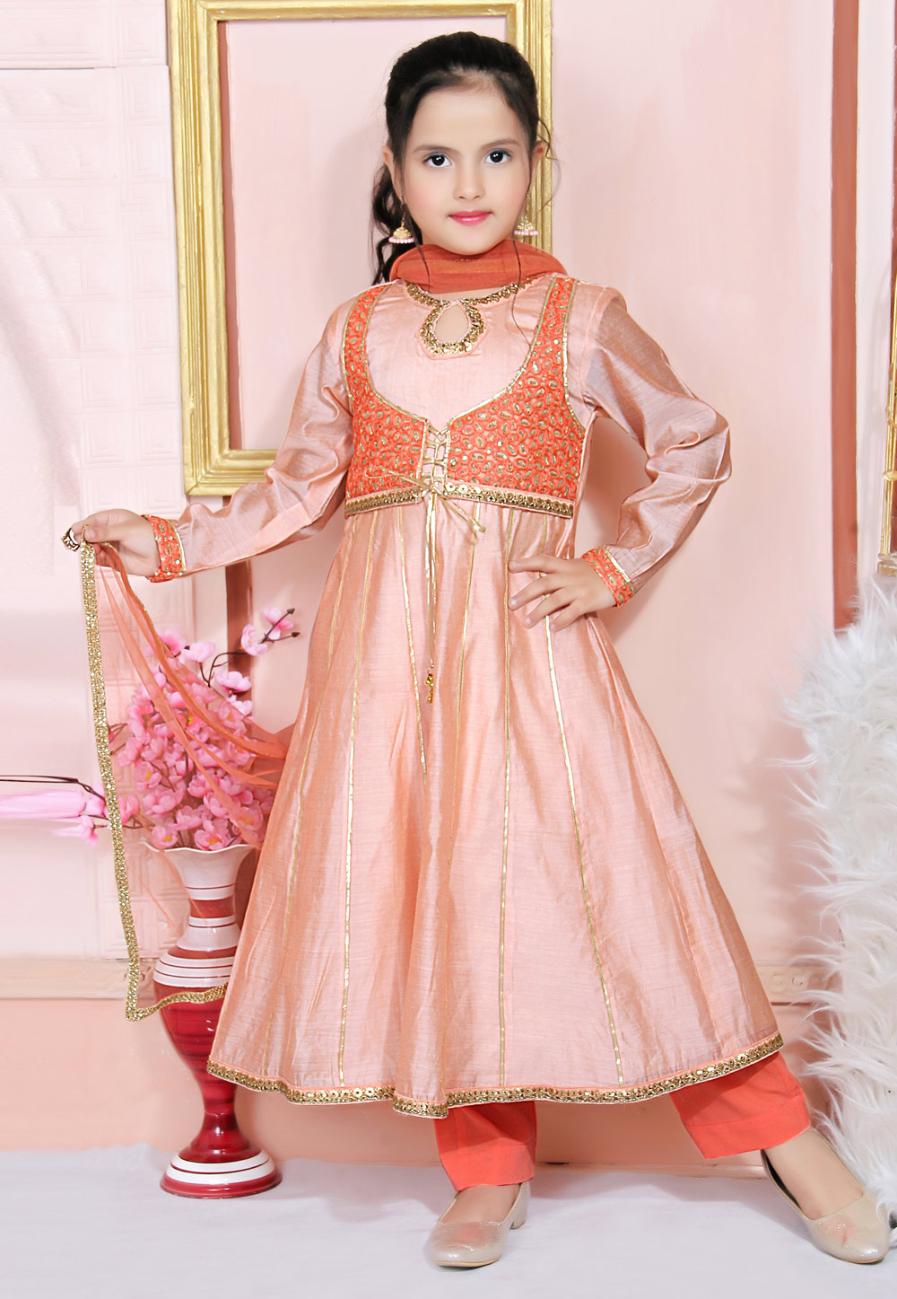 Peach Chanderi Silk Kids Pant Style Suit 217149