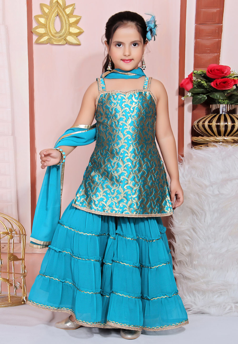 Blue Jacquard Kids Sharara Suit 217152