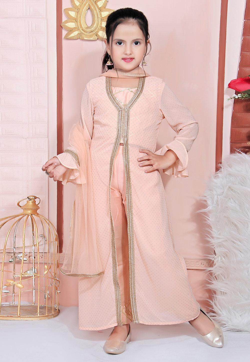 Peach Faux Georgette Kids Jacket Style Suit 217153