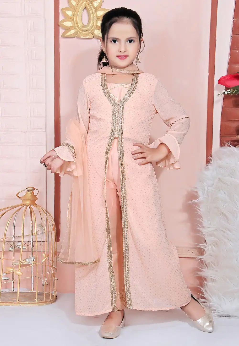 Peach Faux Georgette Kids Jacket Style Suit 217153