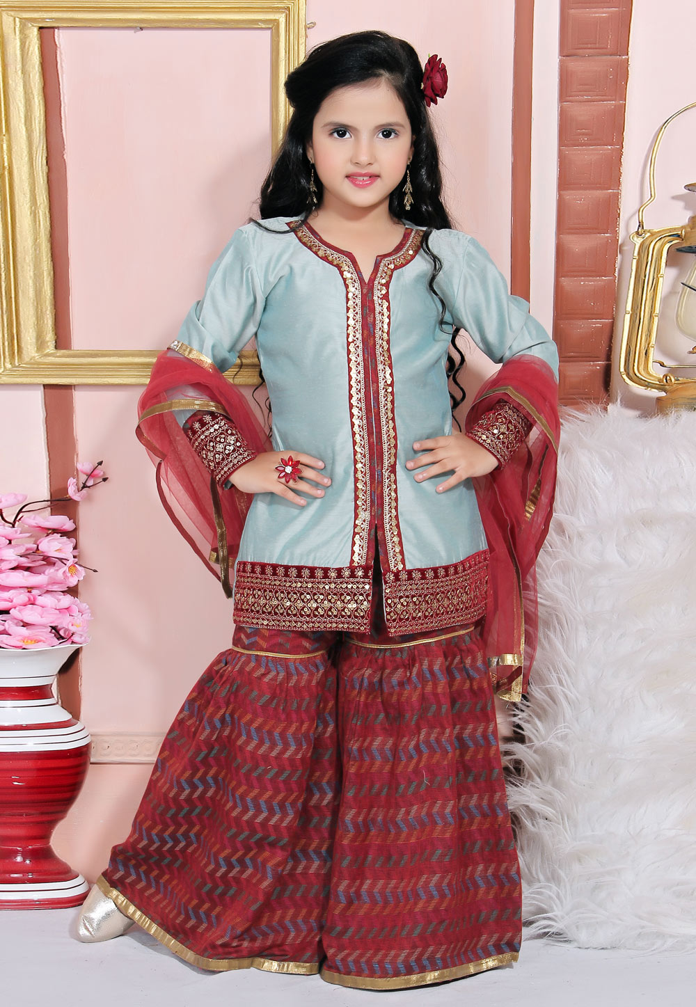 Grey Chanderi Silk Kids Sharara Suit 217155