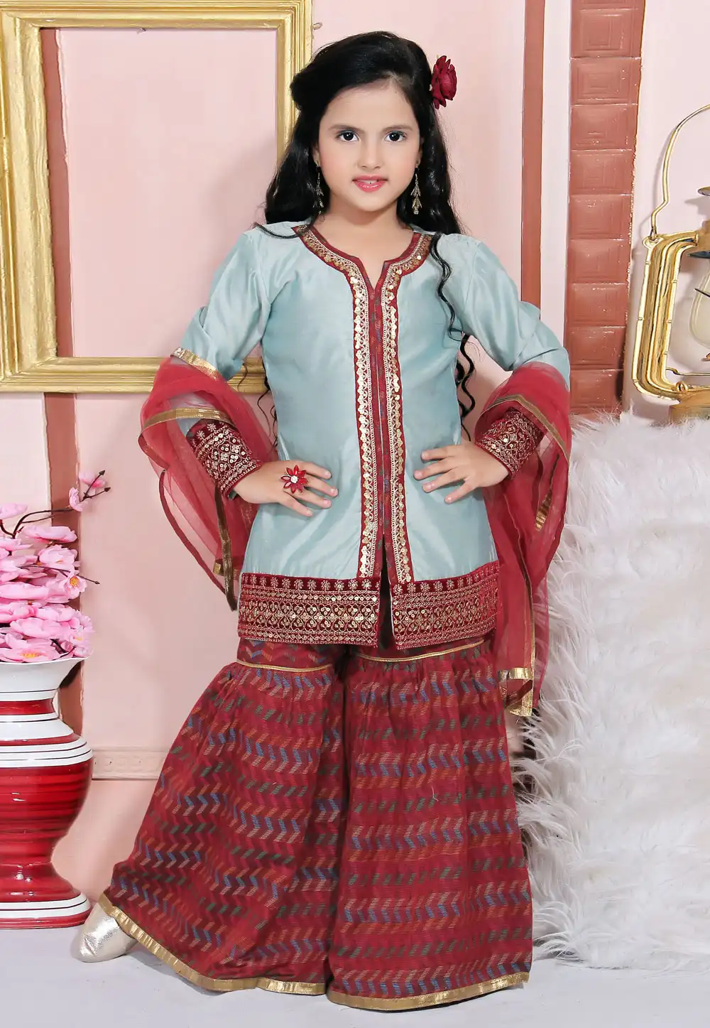 Grey Chanderi Silk Kids Sharara Suit 217155