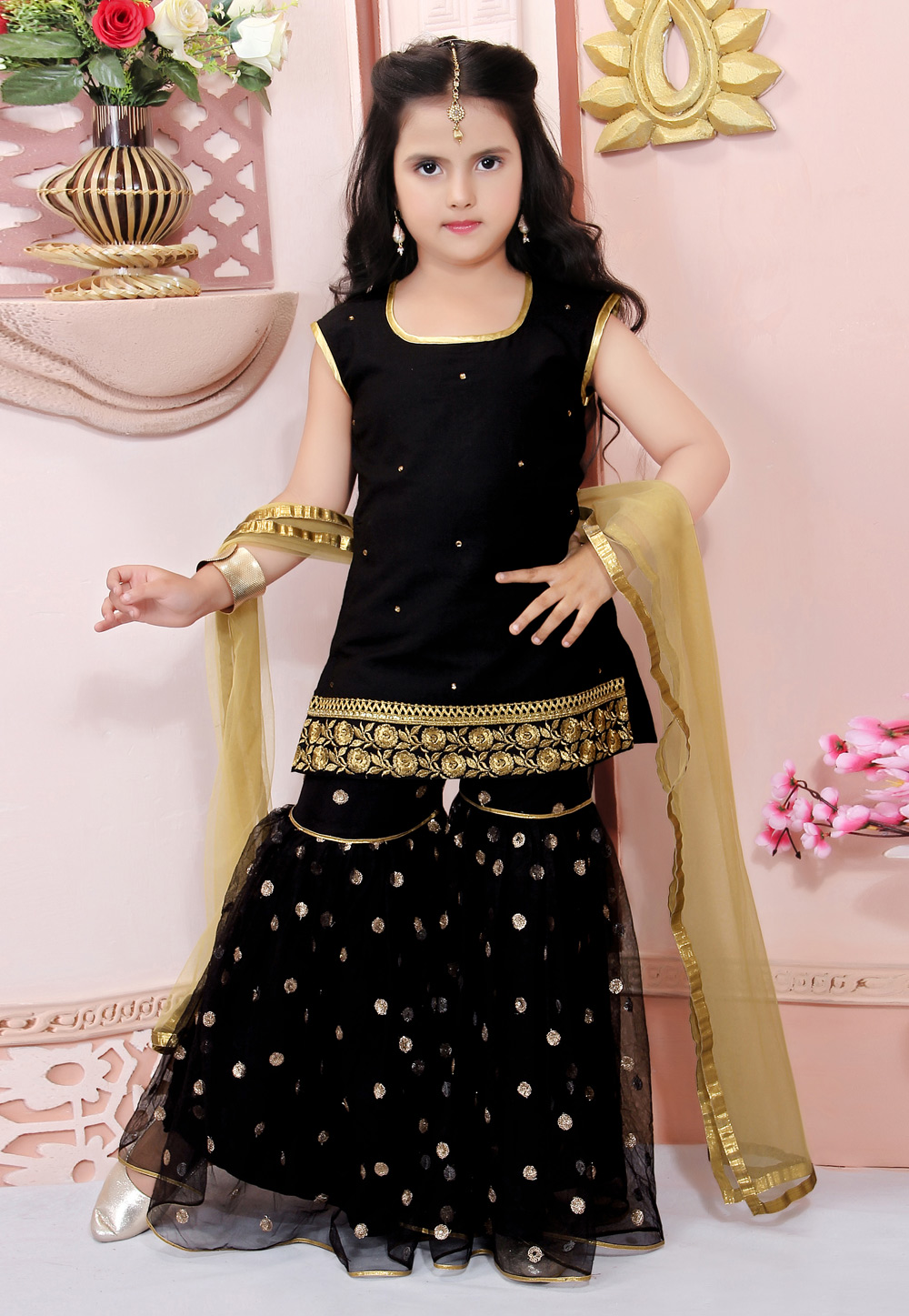 Black Cotton Silk Kids Sharara Suit 217156