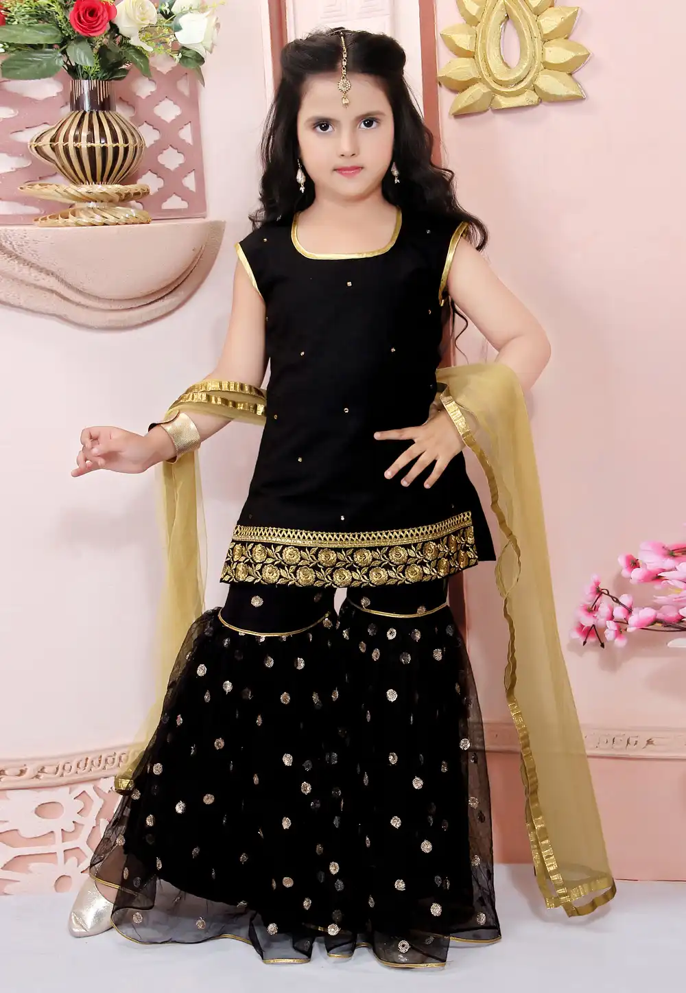 Black Cotton Silk Kids Sharara Suit 217156