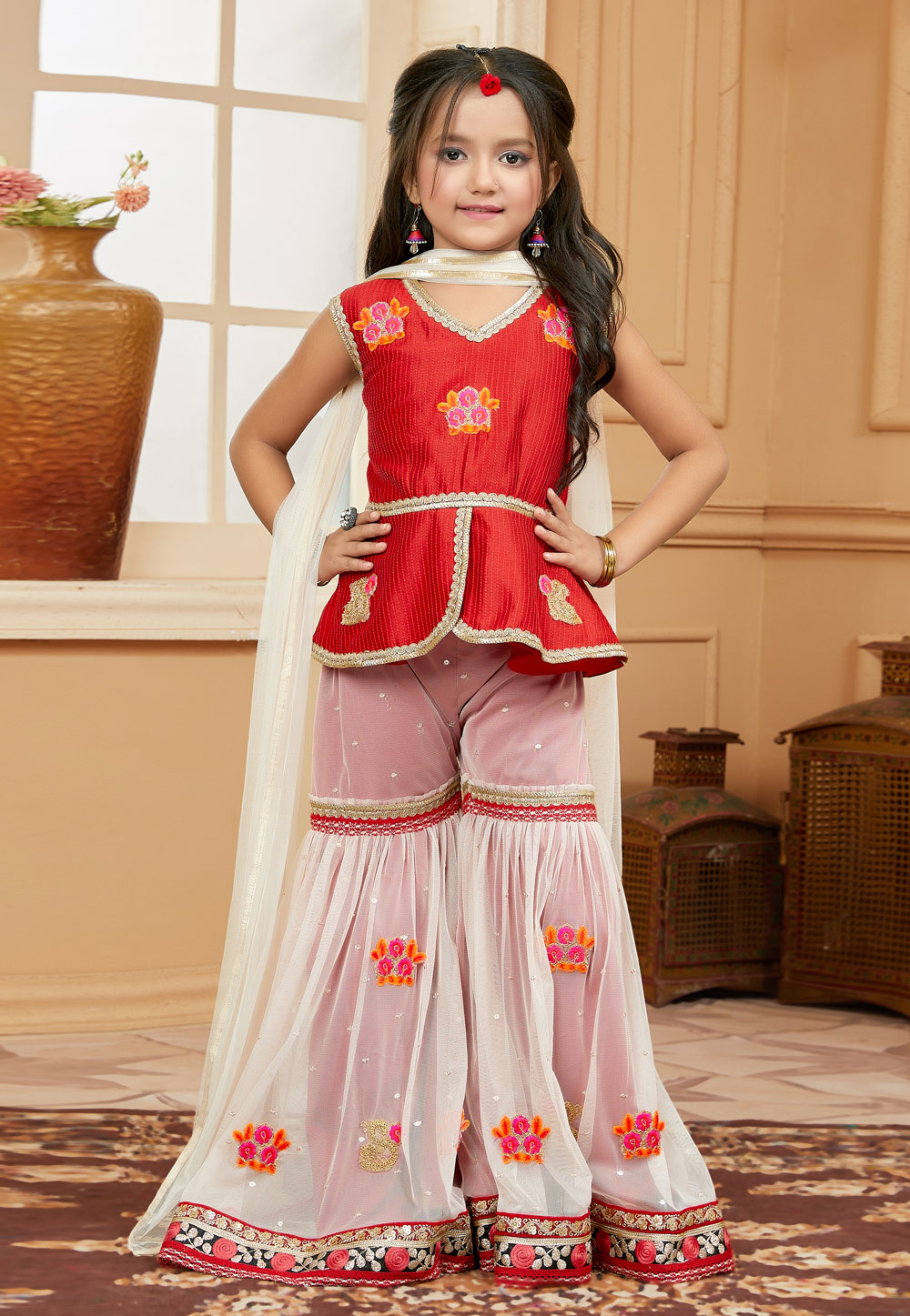 Red Art Silk Kids Sharara Suit 251475
