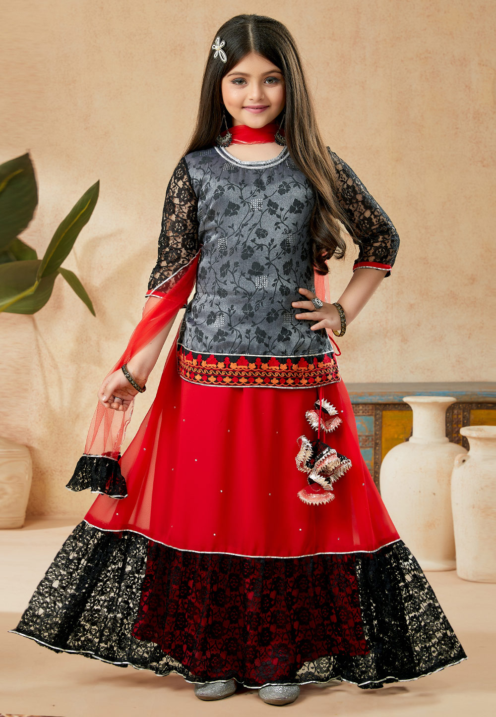 Grey Art Silk Kids Lehenga Choli 251476