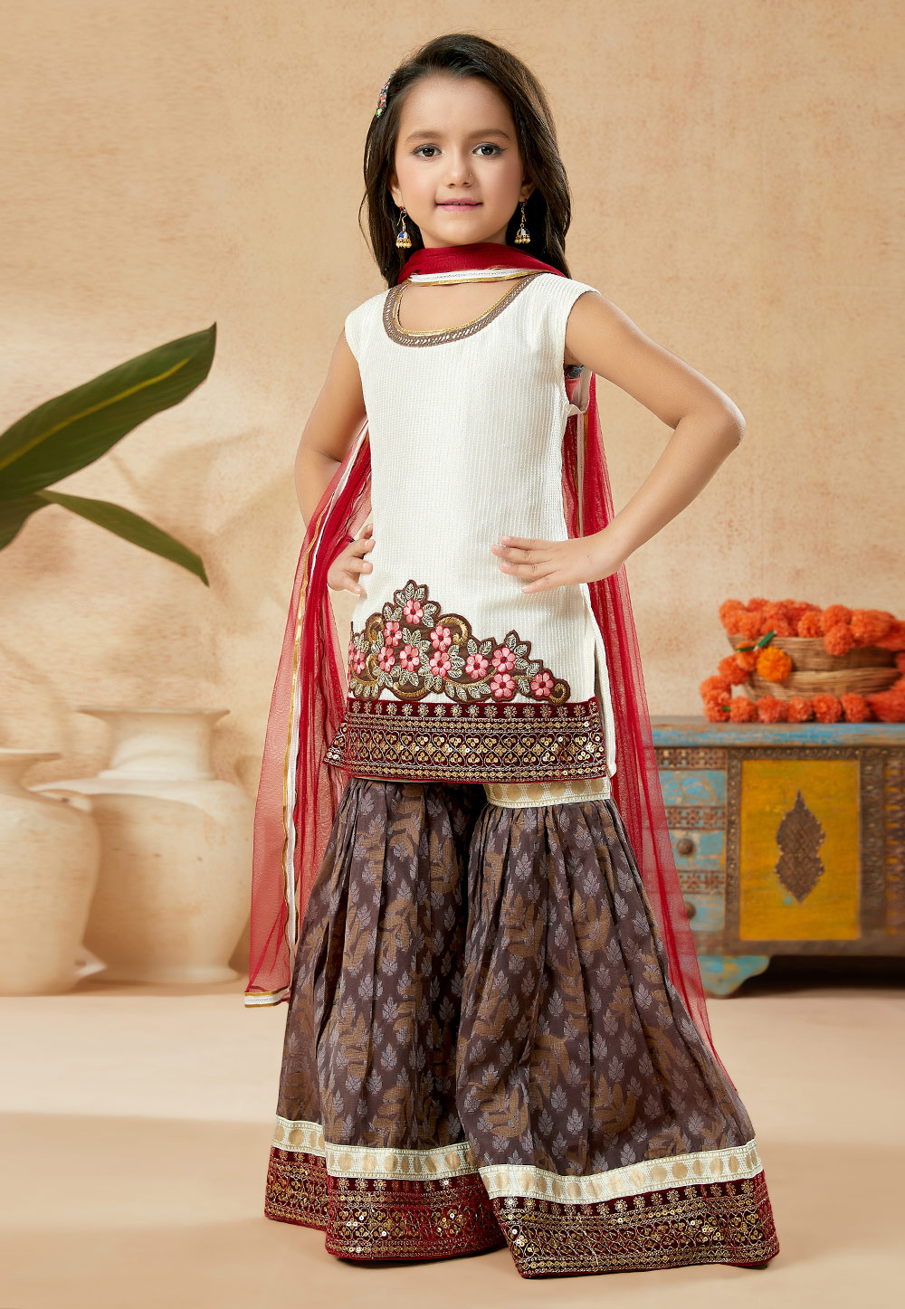 Off White Art Silk Kids Sharara Suit 251477
