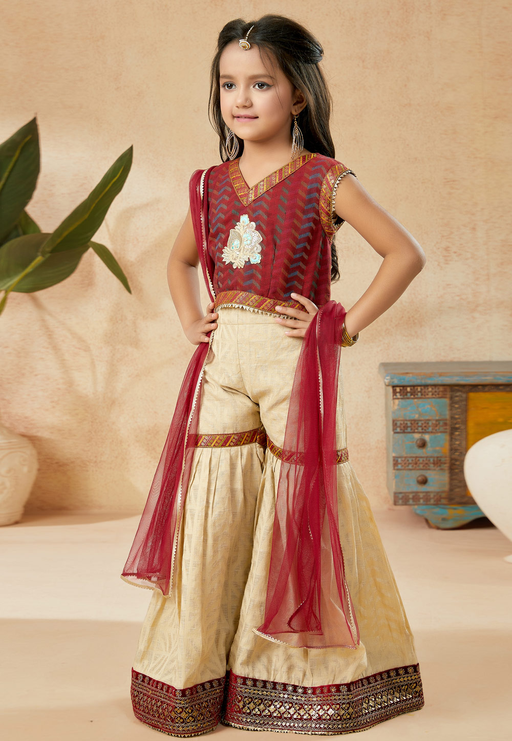 Maroon Silk Kids Sharara Suit 251478