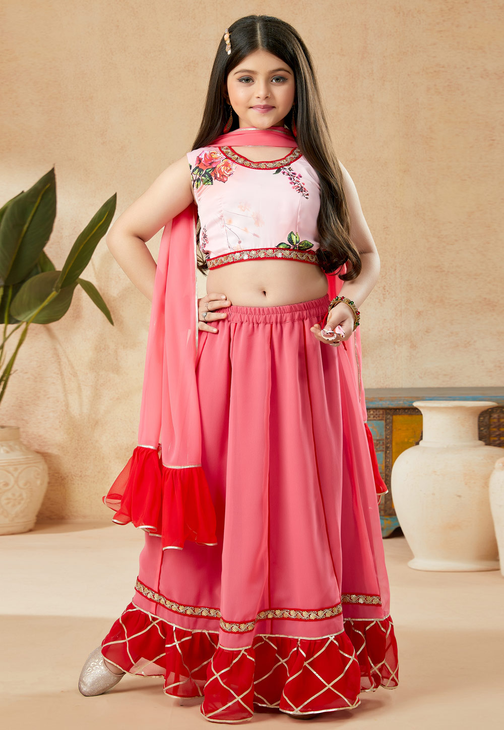 Pink Satin Kids Lehenga Choli 251479