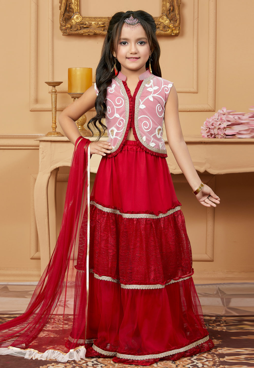 Red Net Kids Lehenga Choli 251481