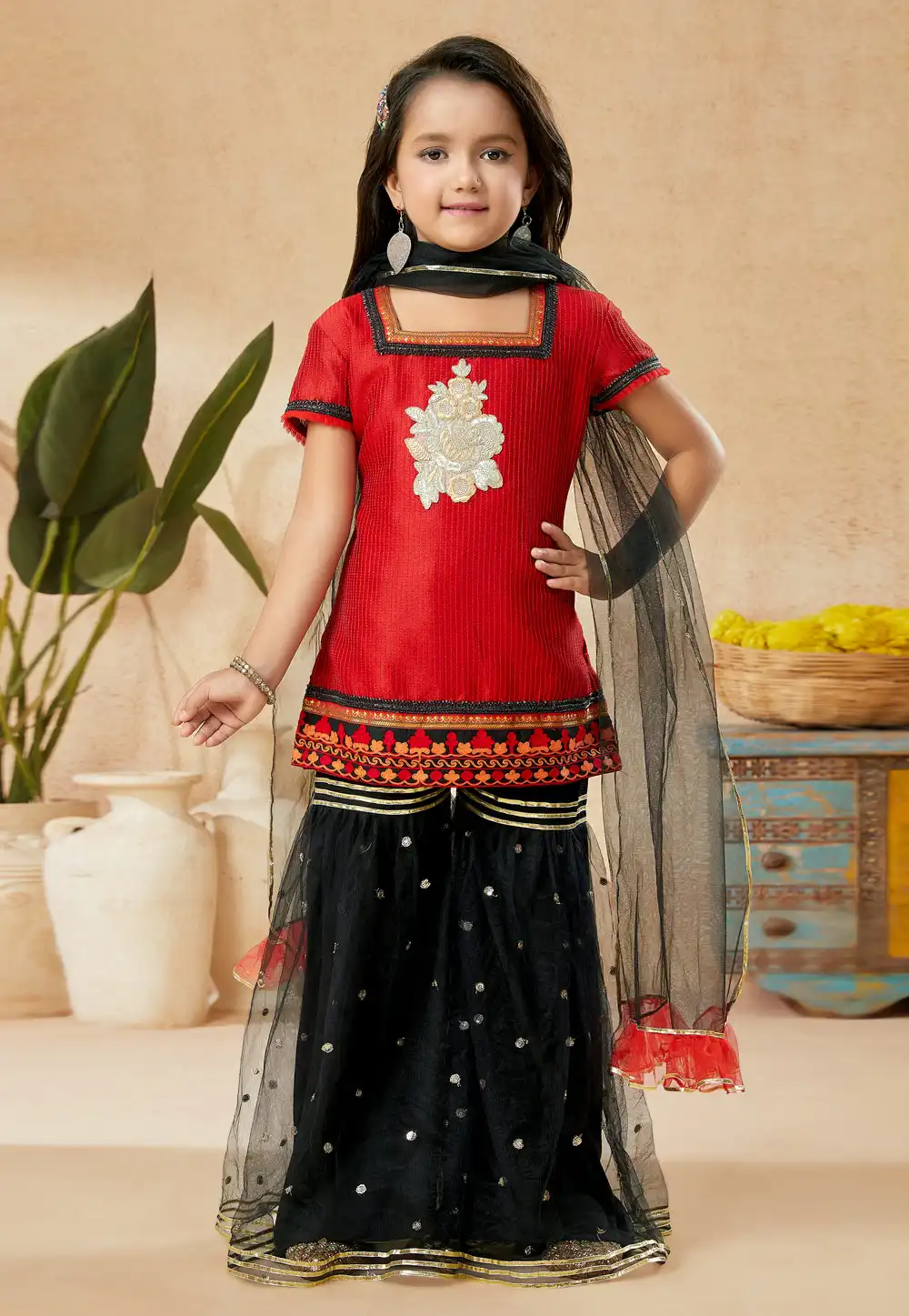 Red Art Silk Kids Sharara Suit 251482