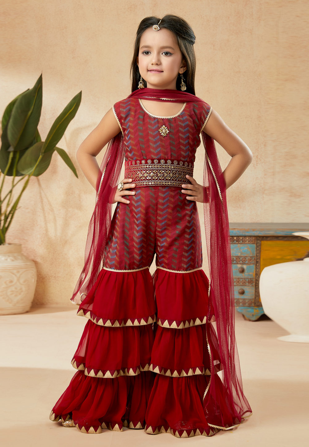 Maroon Silk Kids Sharara Suit 251483