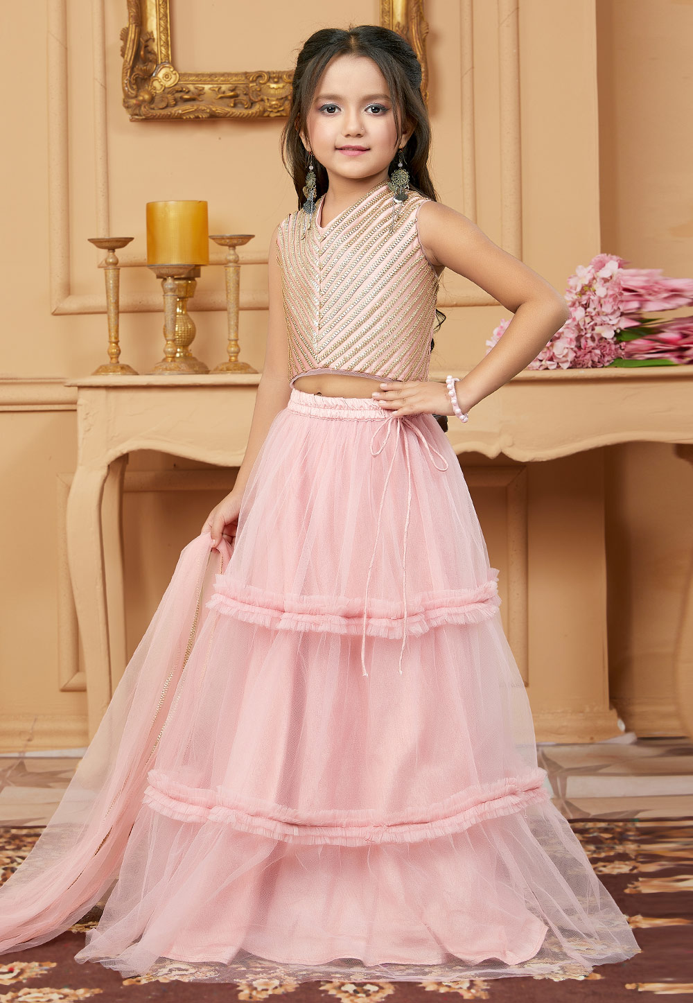Pink Art Silk Kids Lehenga Choli 251484