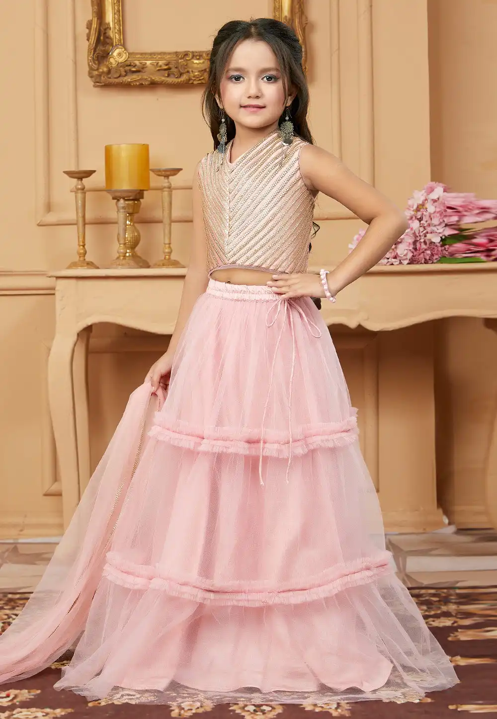 Pink Art Silk Kids Lehenga Choli 251484