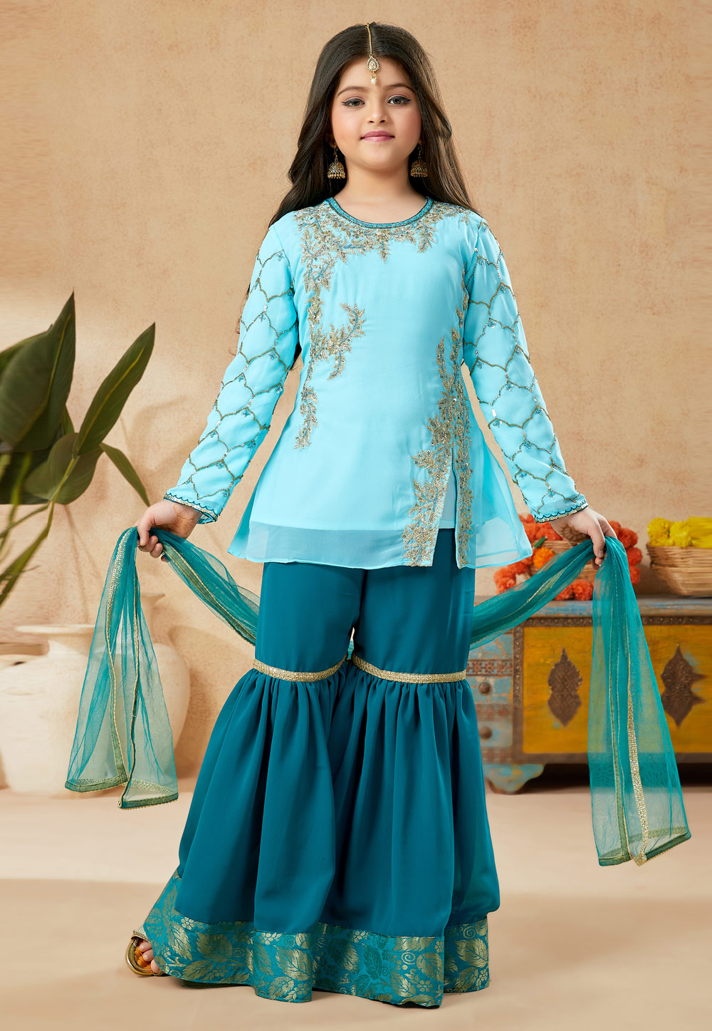 Sky Blue Faux Georgette Kids Sharara Suit 251485