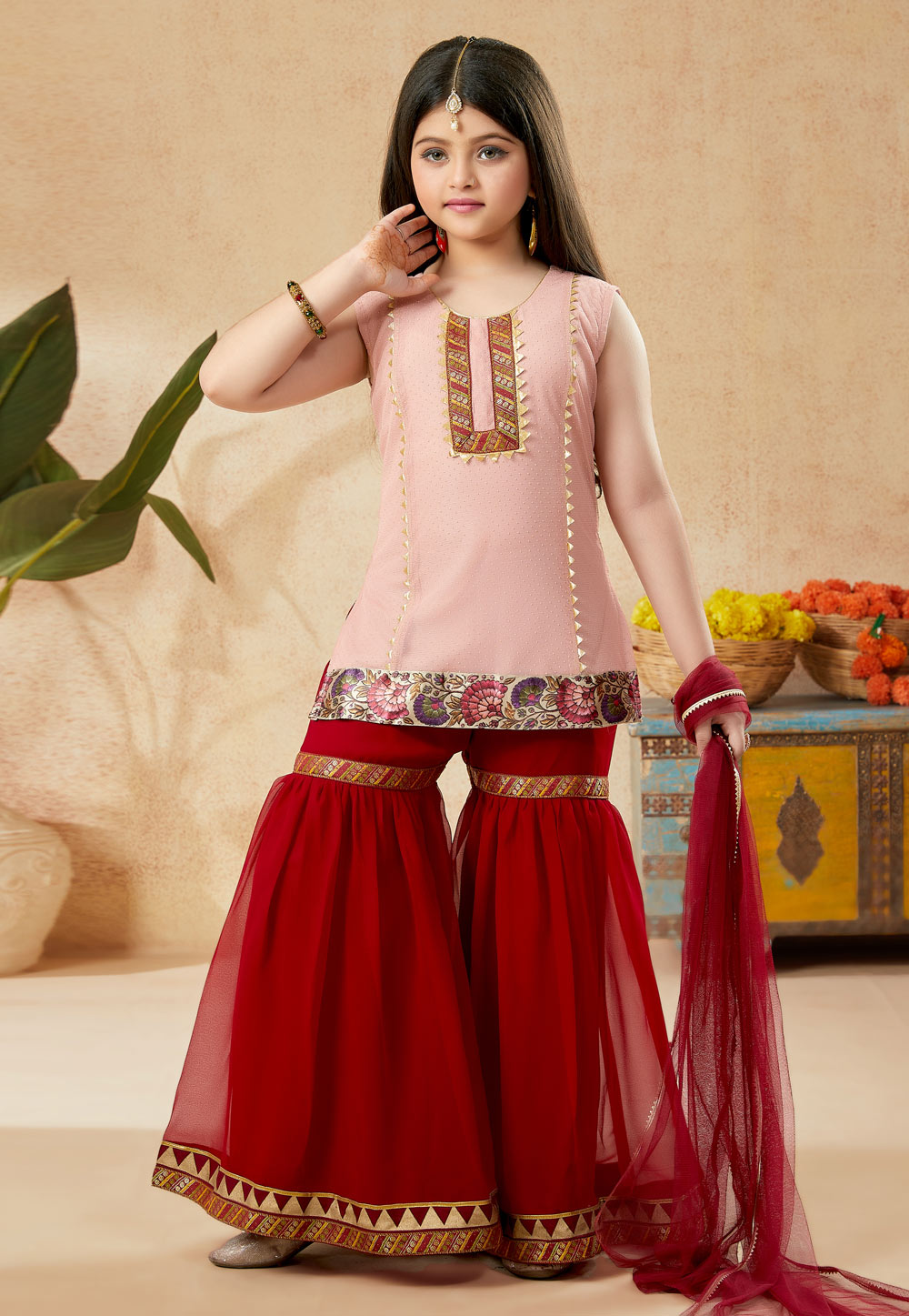 Peach Net Kids Sharara Suit 251487