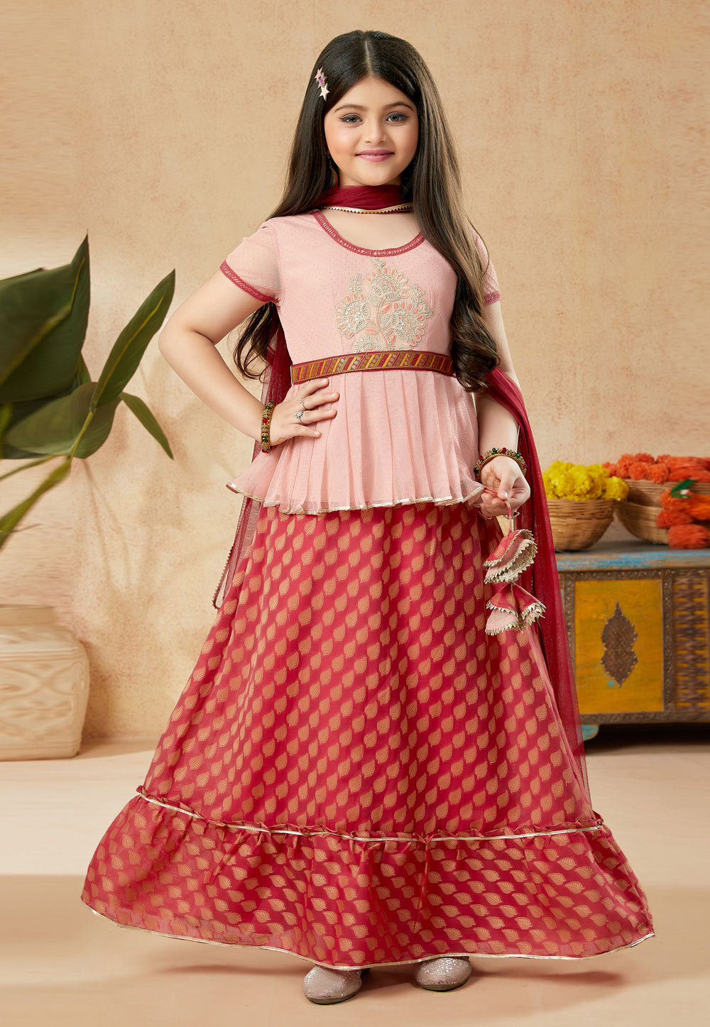 Red Net Kids Lehenga Choli 251488