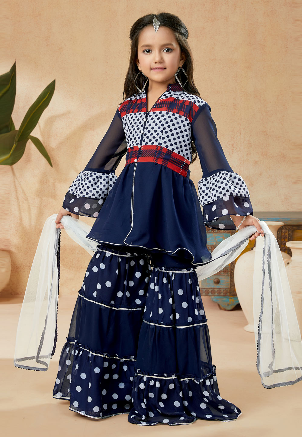 Navy Blue Faux Georgette Kids Sharara Suit 251489