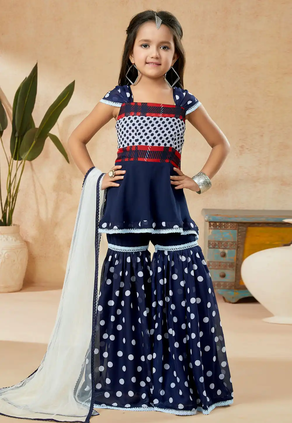 Navy Blue Faux Georgette Kids Sharara Suit 251490