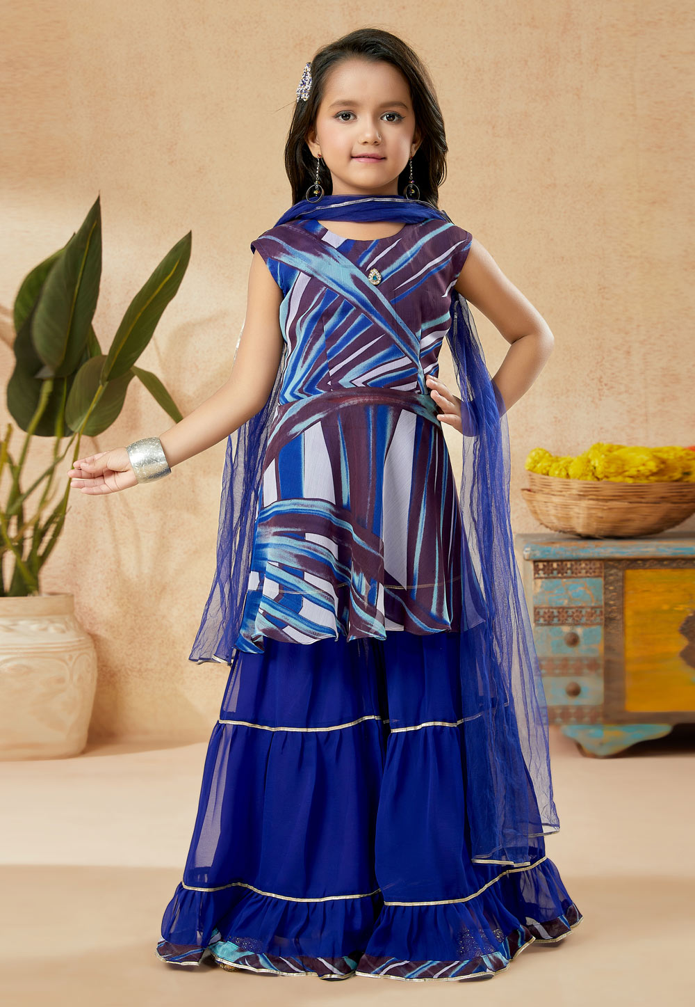 Blue Faux Georgette Kids Sharara Suit 251491
