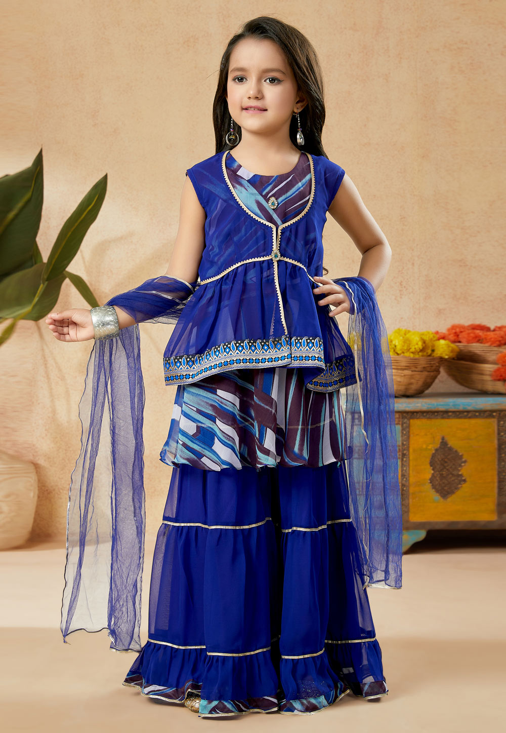 Blue Faux Georgette Kids Sharara Suit 251492