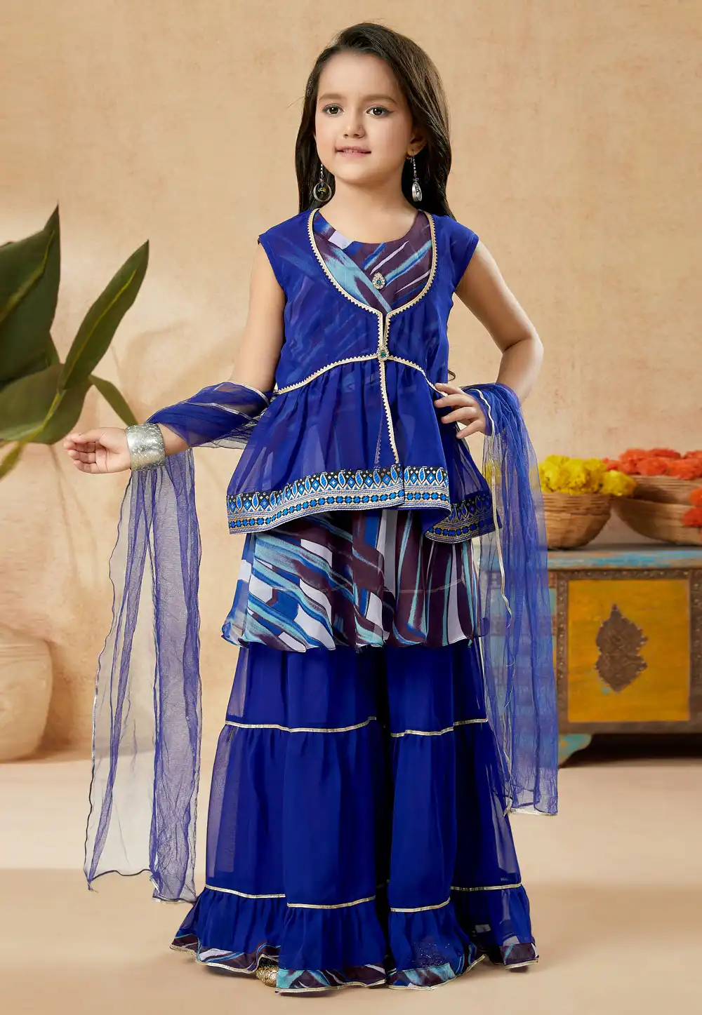 Blue Faux Georgette Kids Sharara Suit 251492