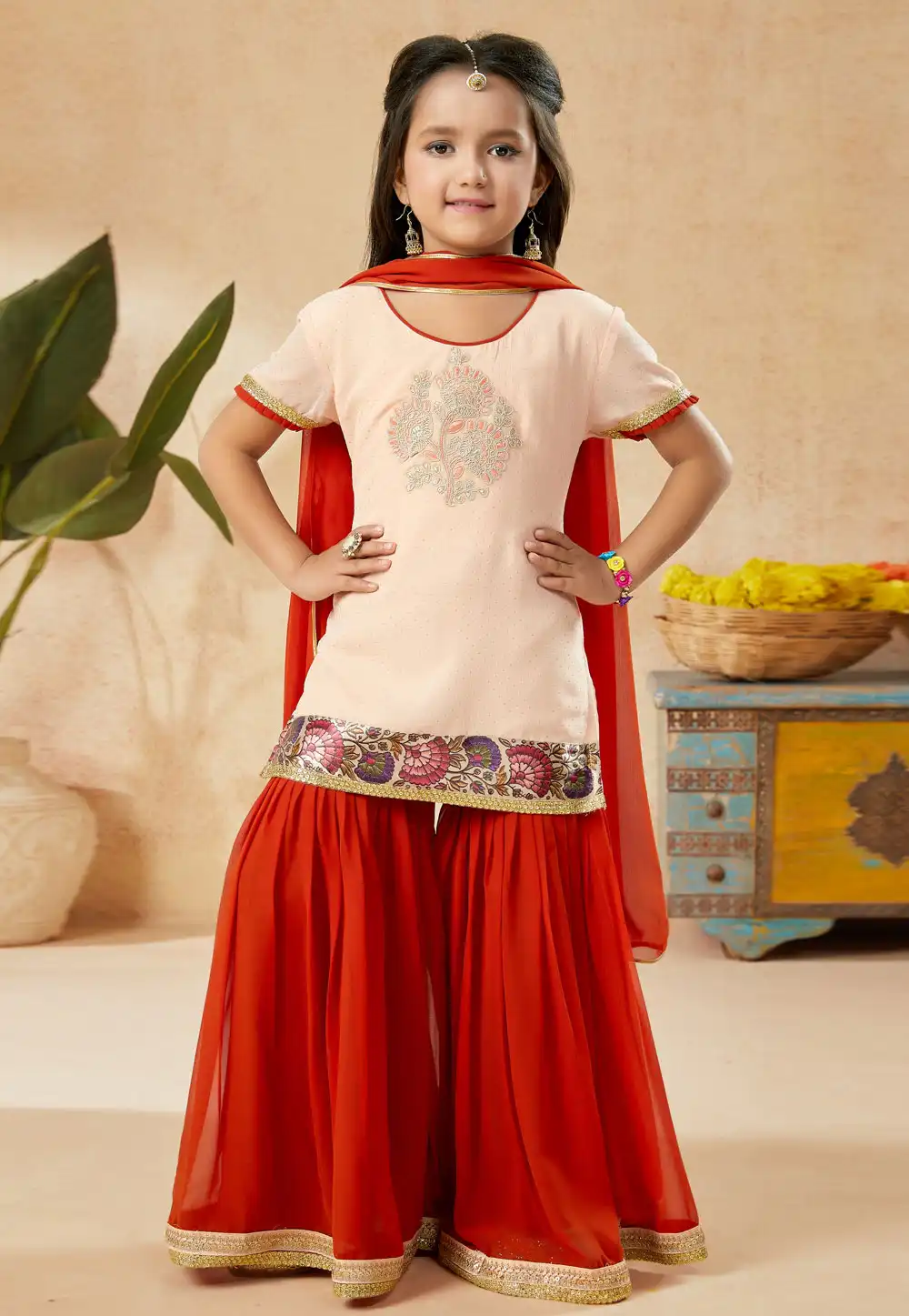 Peach Net Kids Sharara Suit 251493