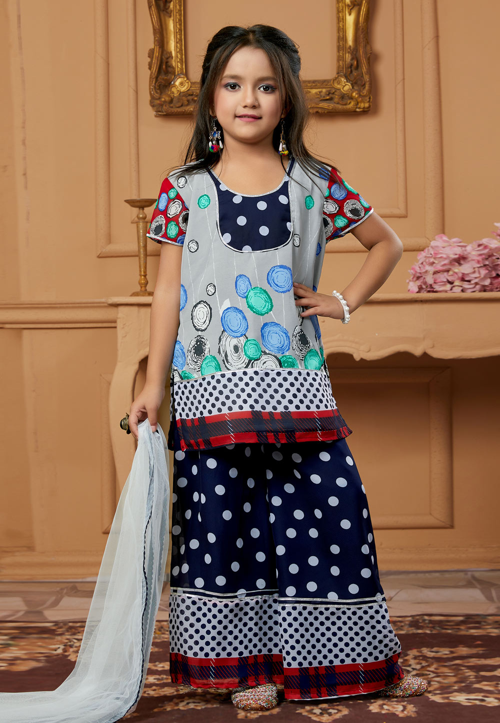 Grey Faux Georgette Kids Palazzo Suit 251494