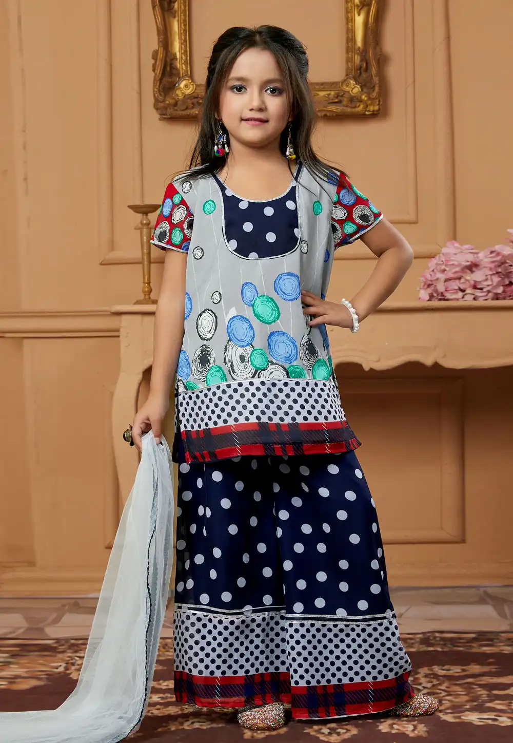 Grey Faux Georgette Kids Palazzo Suit 251494
