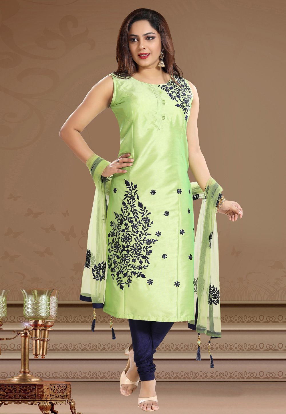 Pista Green Taffeta Readymade Churidar Suit 177635