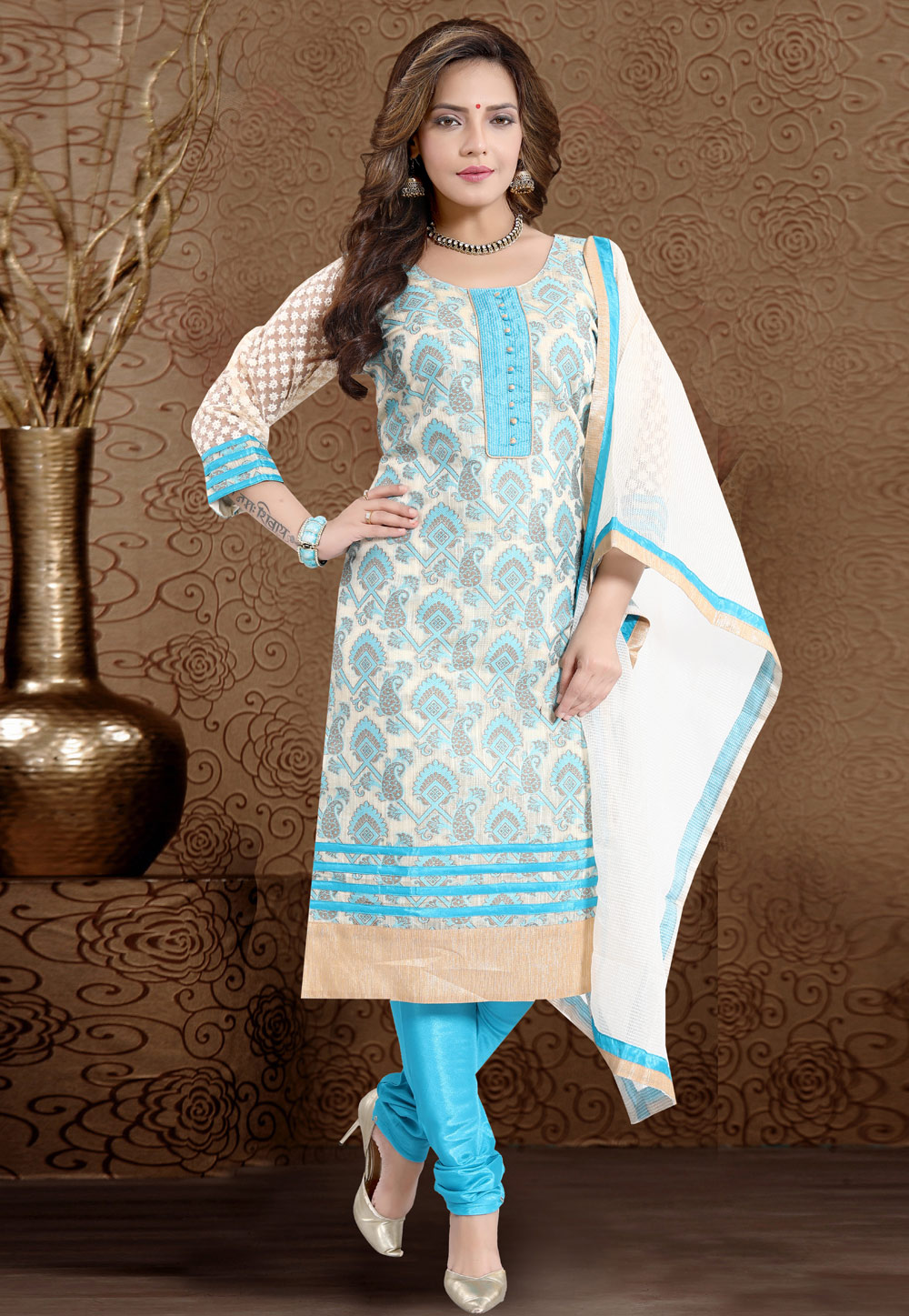 Cream Banarasi Silk Readymade Churidar Suit 177647