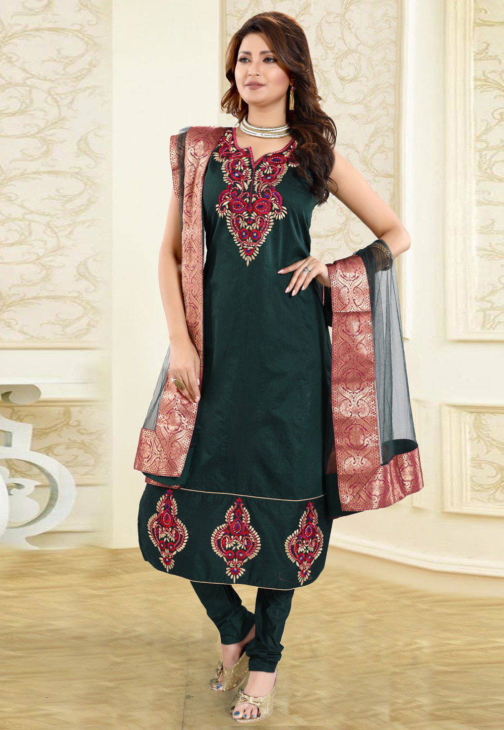 Green Chanderi Silk Readymade Churidar Salwar Kameez 187150