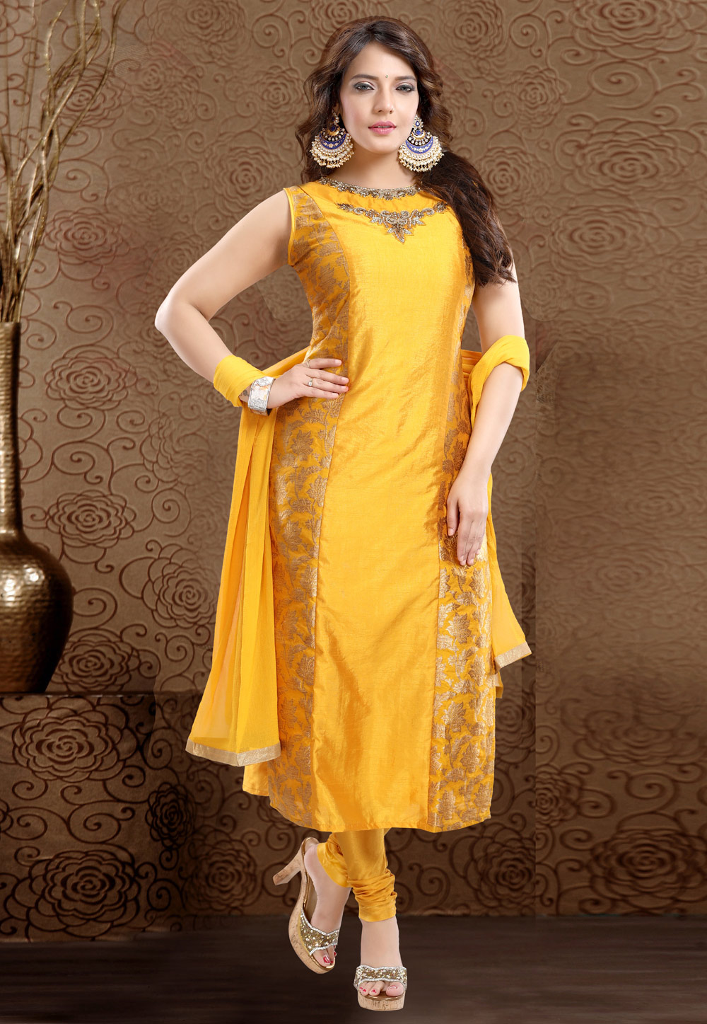 Yellow Brocade Readymade Churidar Suit 187573