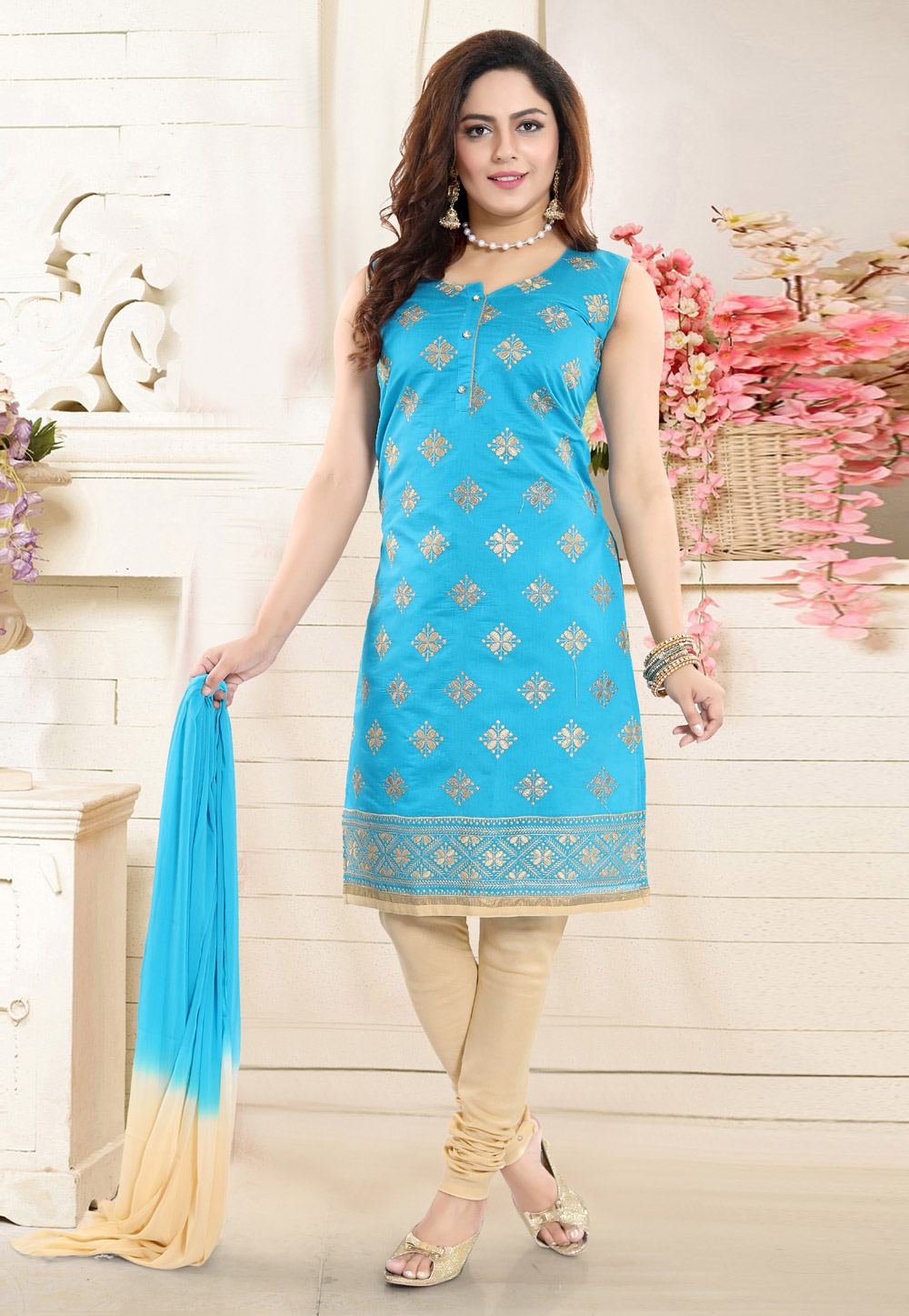 Aqua Chanderi Silk Churidar Suit 192002