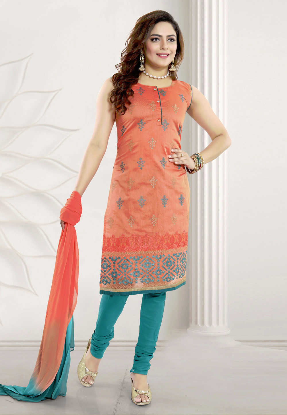 Orange Chanderi Silk Churidar Suit 192006